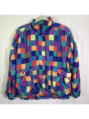 VTG Women's DUFFEL Sportswear Jacket S/M Geometric 1990s 80s Purple Check